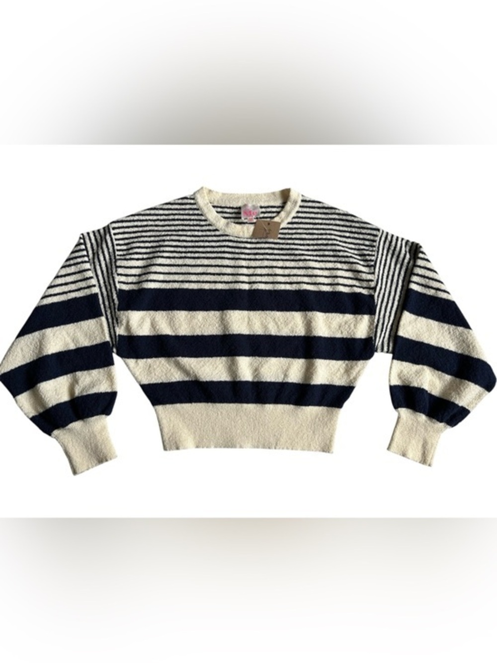 NWT So Me Navy and Cream Striped Cropped Crewneck Sweater